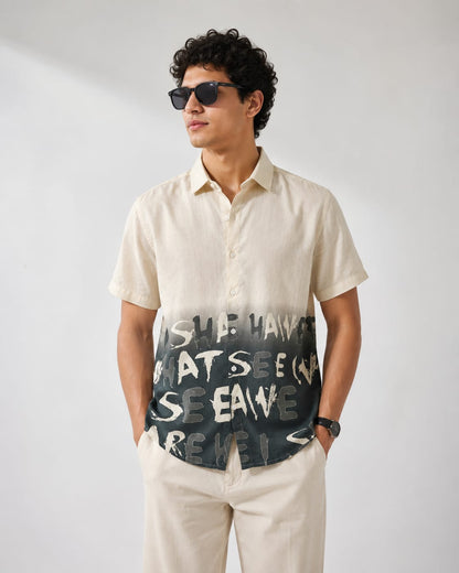 Beige & Charcoal Typography Print Half Sleeve Shirt