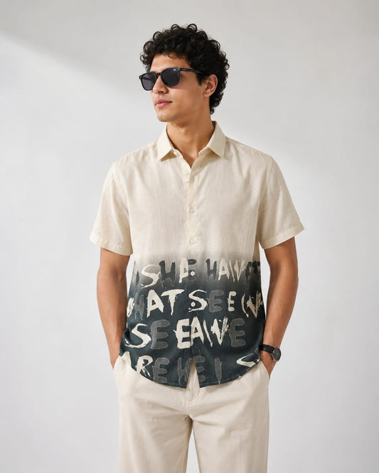 Beige & Charcoal Typography Print Half Sleeve Shirt