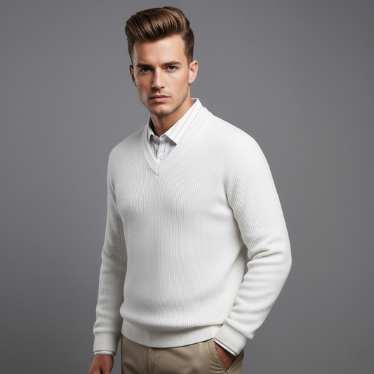 Men’s White V-Neck Full Sleeve Textured T-Shirt
