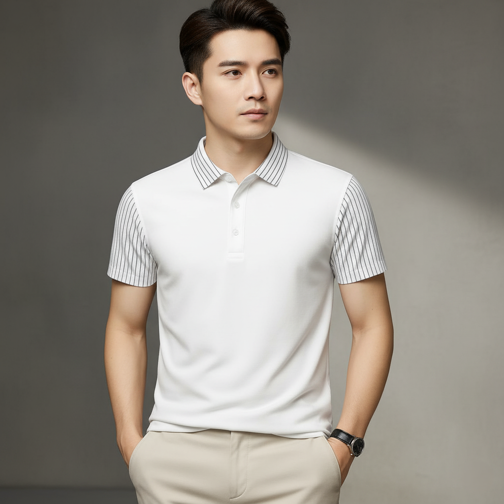 Men’s White Polo T-Shirt with Striped Sleeves