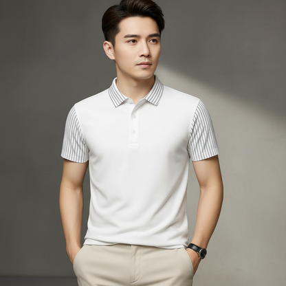 Men’s White Polo T-Shirt with Striped Sleeves