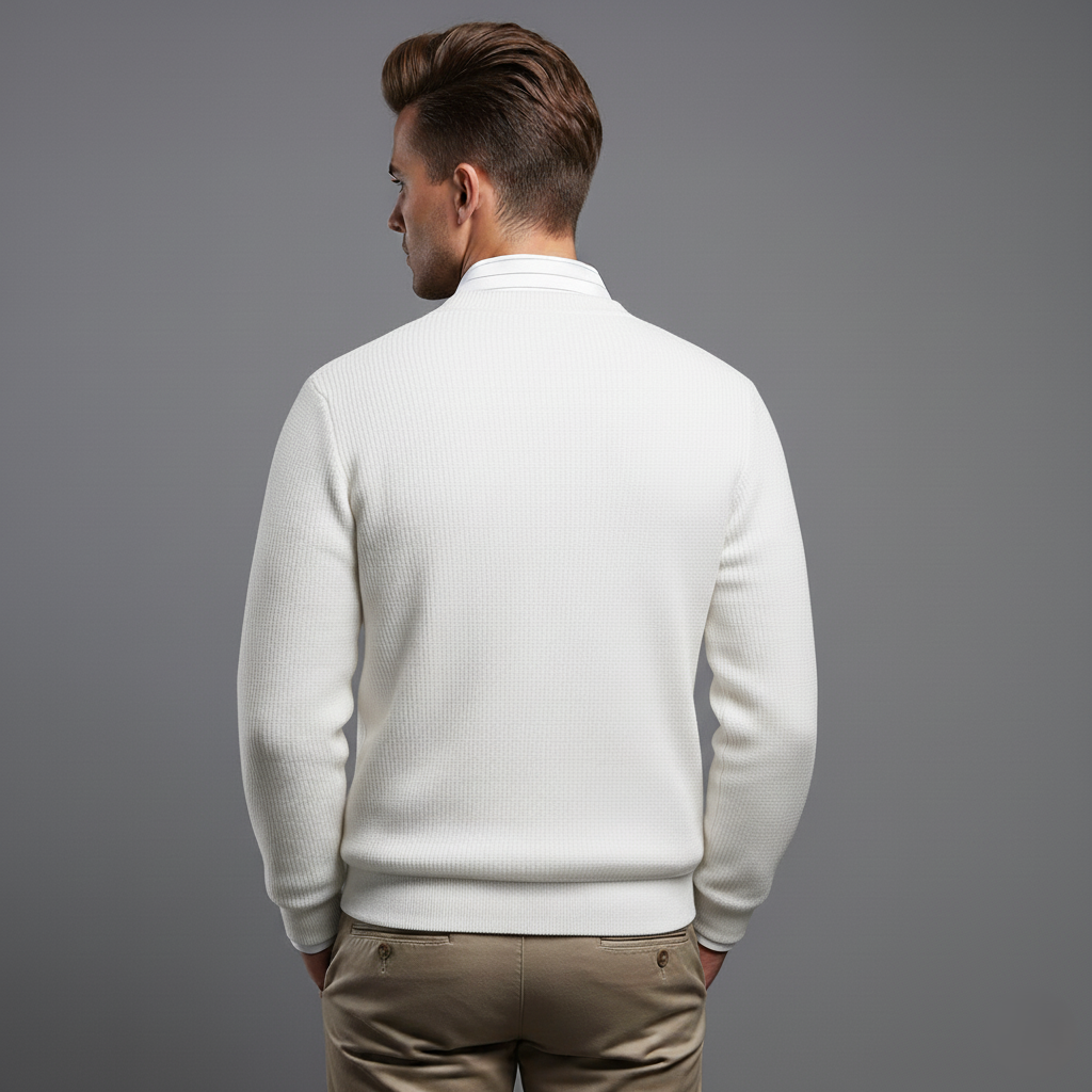 Men’s White V-Neck Full Sleeve Textured T-Shirt