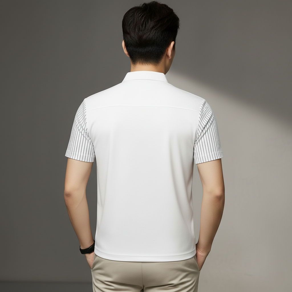 Men’s White Polo T-Shirt with Striped Sleeves