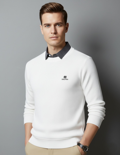 Men’s White Ribbed Polo Collar Full Sleeve T-Shirt