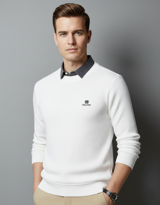 Men’s White Ribbed Polo Collar Full Sleeve T-Shirt