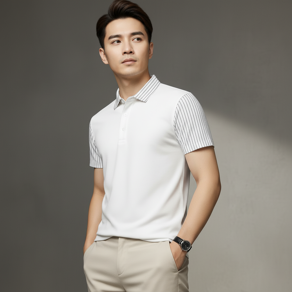 Men’s White Polo T-Shirt with Striped Sleeves
