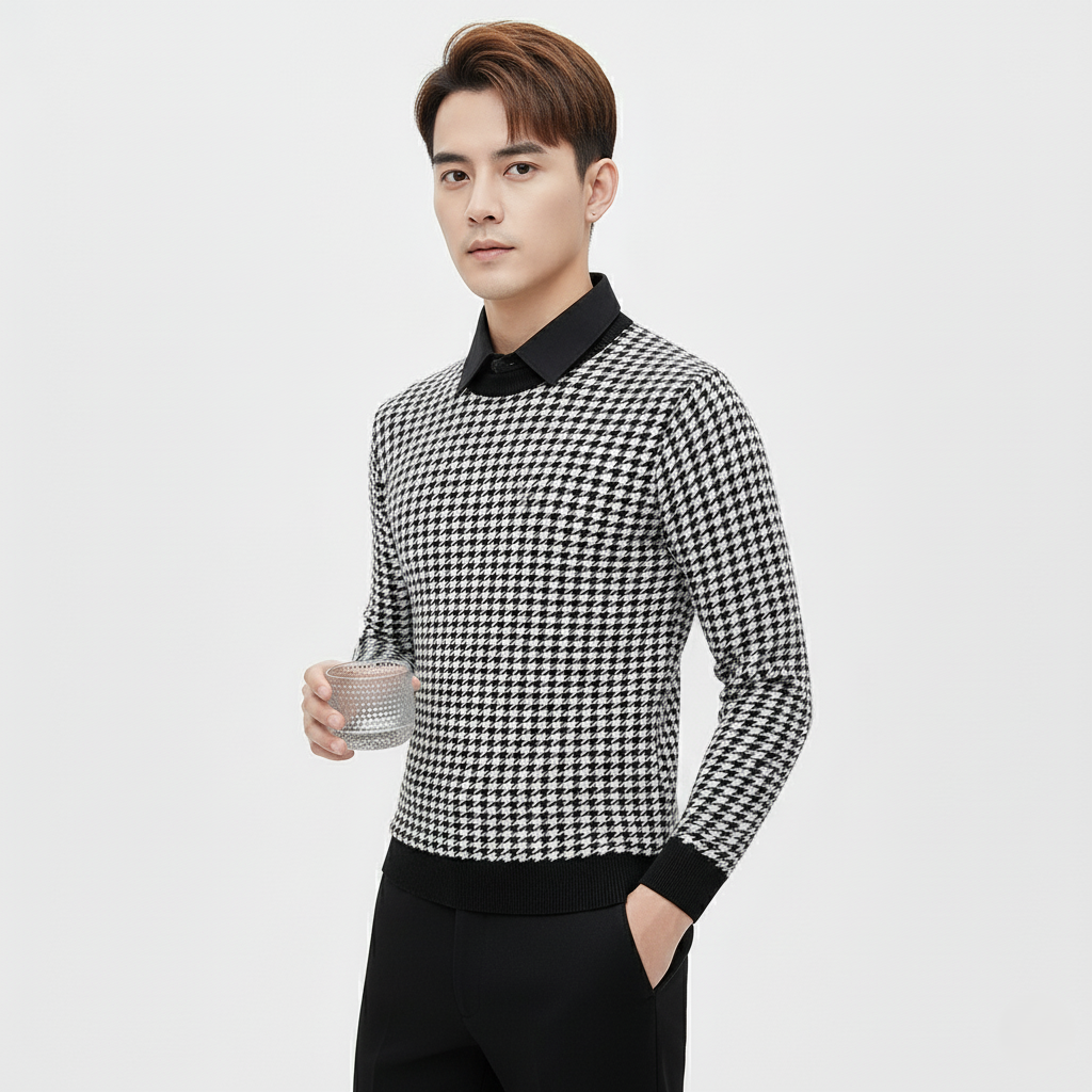 Men’s Premium Patterned Full Sleeve T-Shirt – White & Black