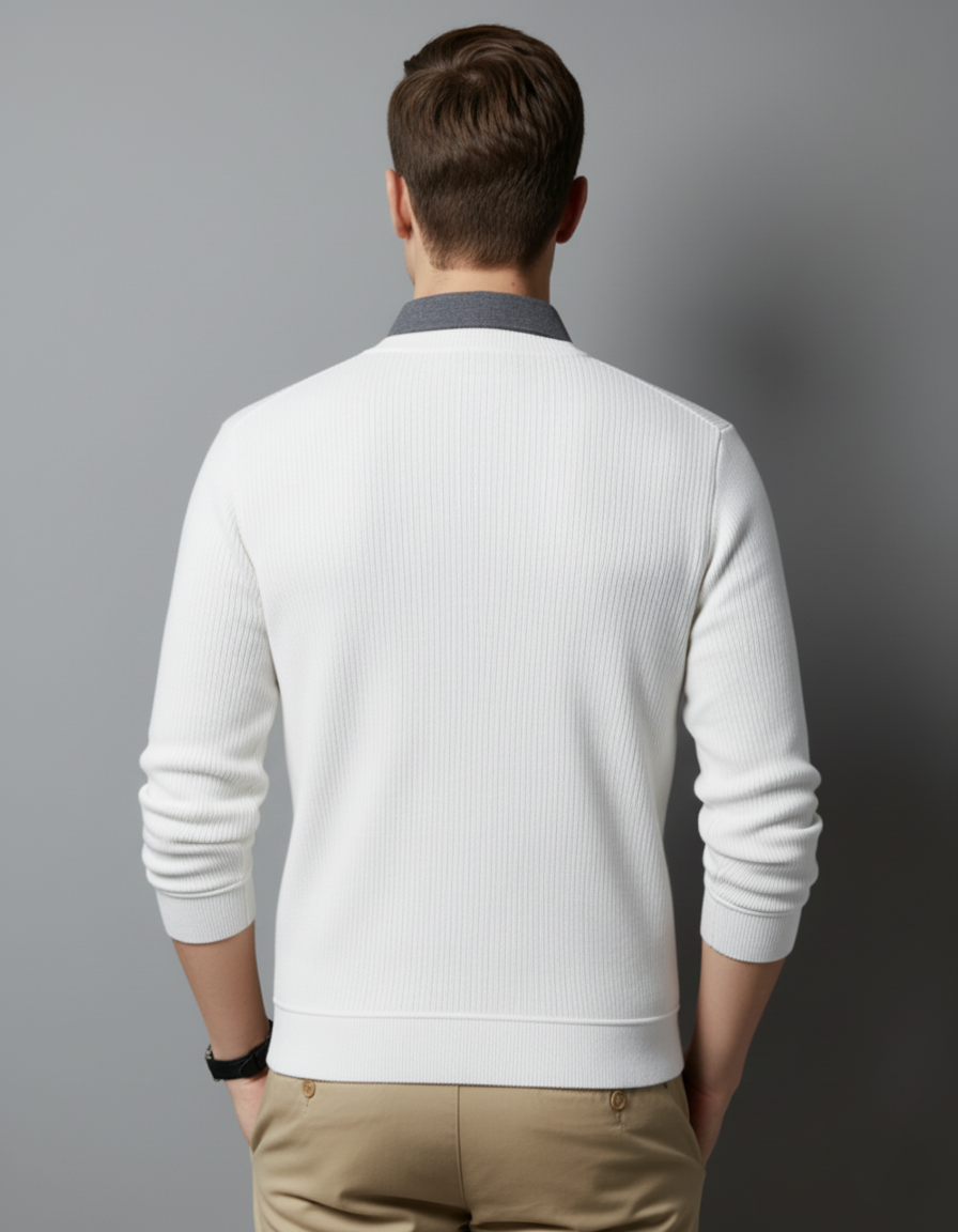 Men’s White Ribbed Polo Collar Full Sleeve T-Shirt