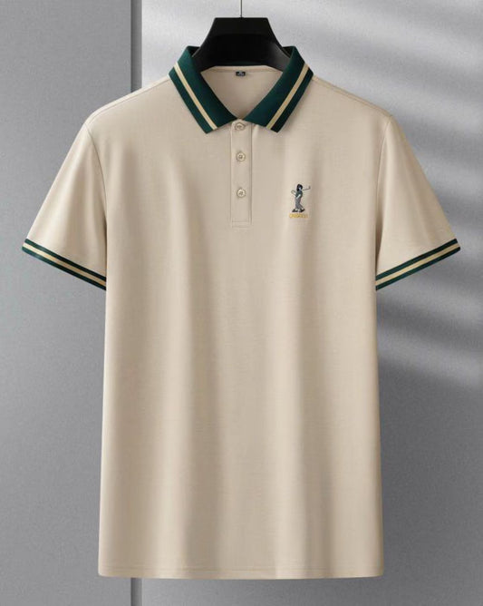Men’s Beige Polo T-Shirt with Green Striped Collar
