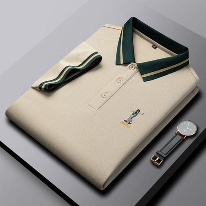 Men’s Beige Polo T-Shirt with Green Striped Collar
