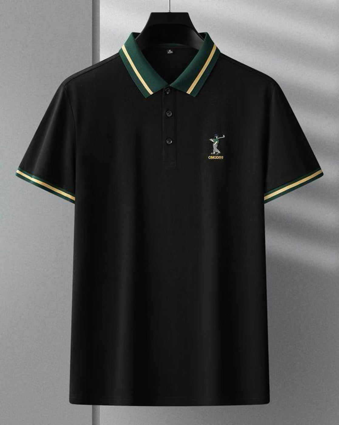Men’s Black Polo T-Shirt with Green Striped Collar