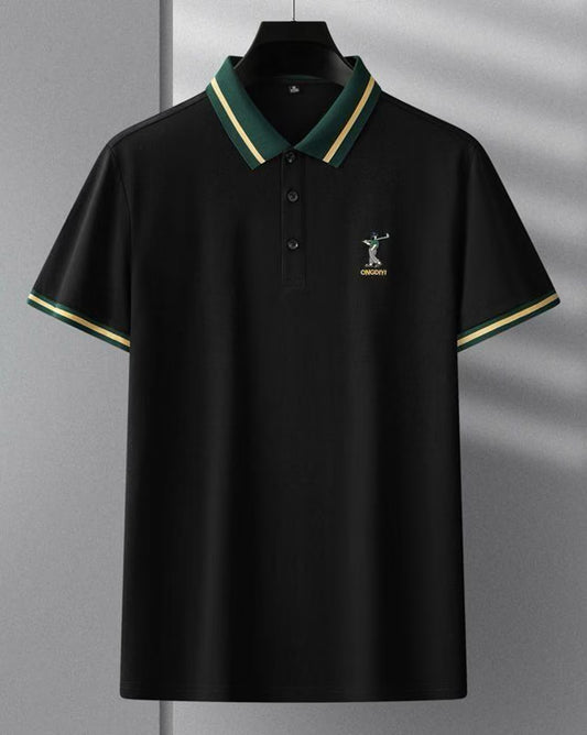 Men’s Black Polo T-Shirt with Green Striped Collar
