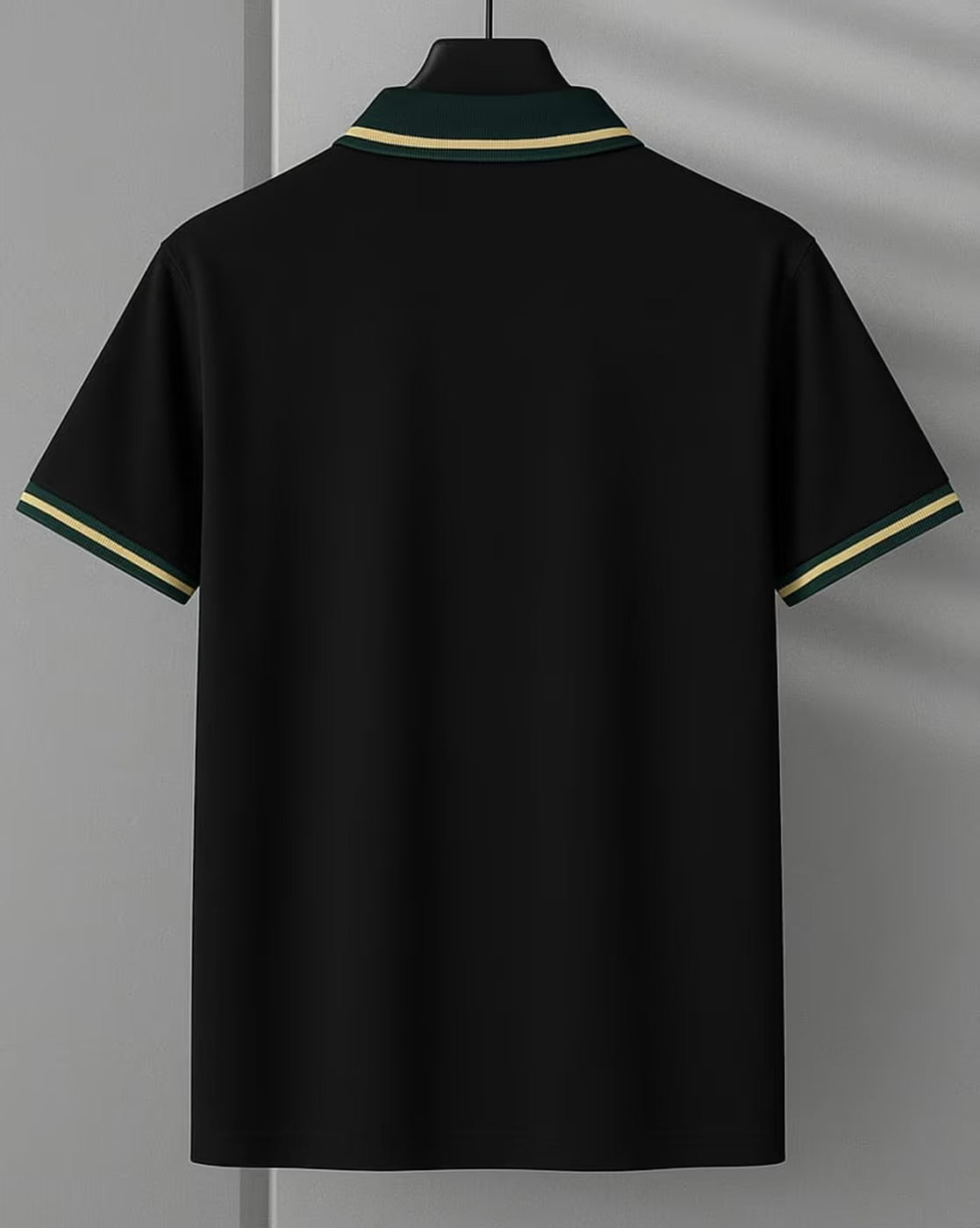 Men’s Black Polo T-Shirt with Green Striped Collar