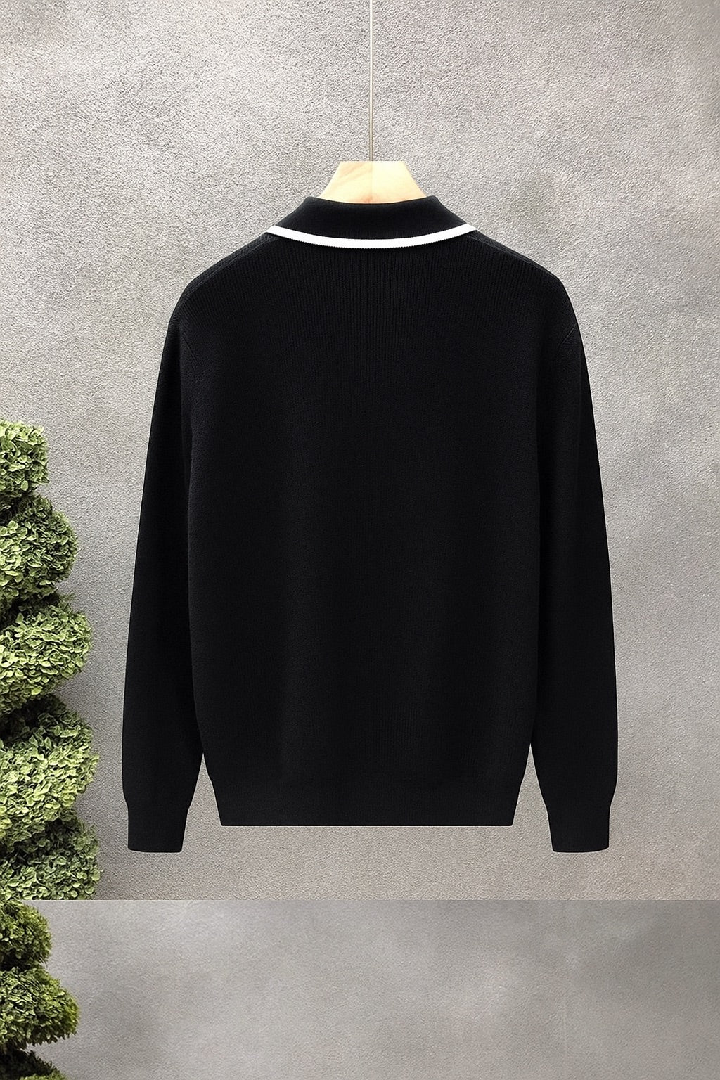 Men’s Black Polo Collar Knit T-shirt with White Trim