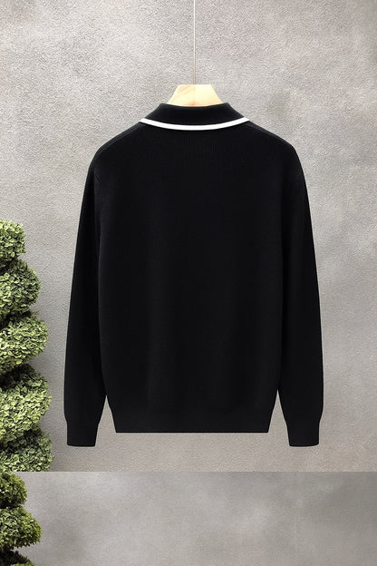 Men’s Black Polo Collar Knit T-shirt with White Trim