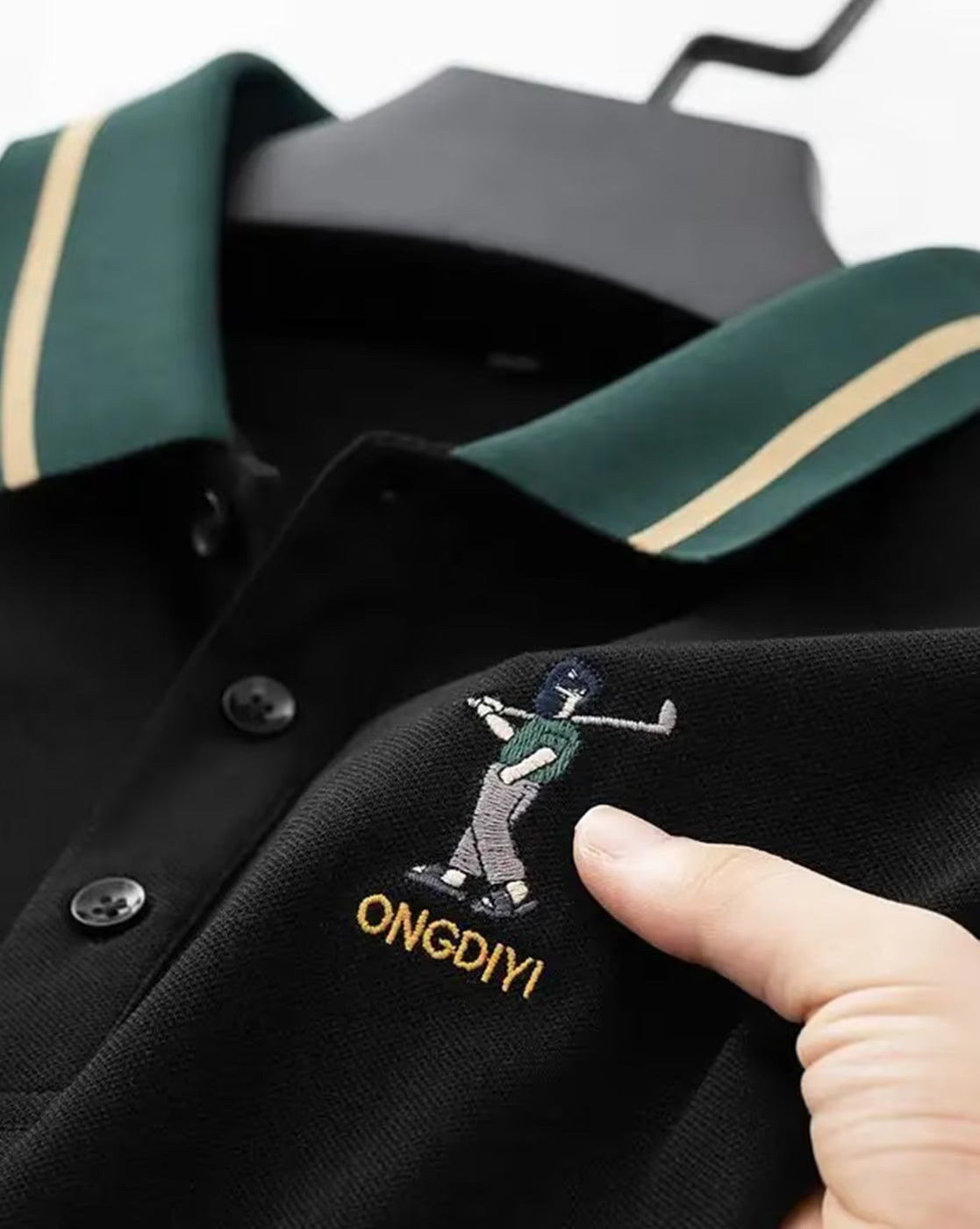Men’s Black Polo T-Shirt with Green Striped Collar