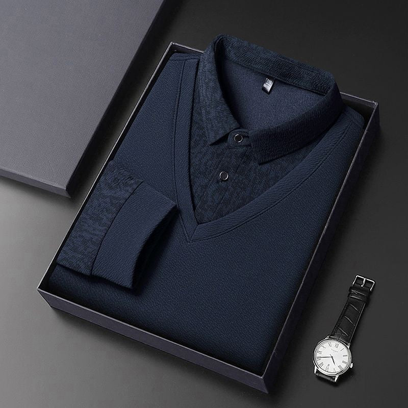 Men’s Navy Blue V-Neck Layered Shirt Style Printed Full Sleeve T-Shirt