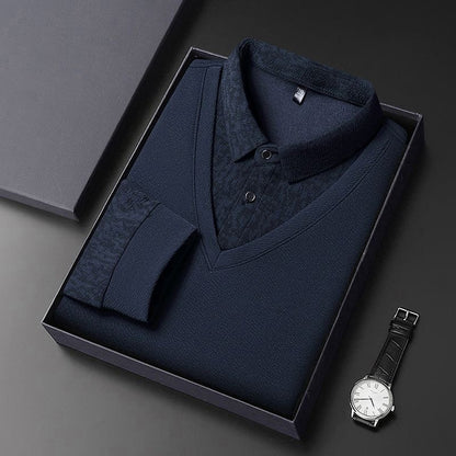 Men’s Navy Blue V-Neck Layered Shirt Style Printed Full Sleeve T-Shirt