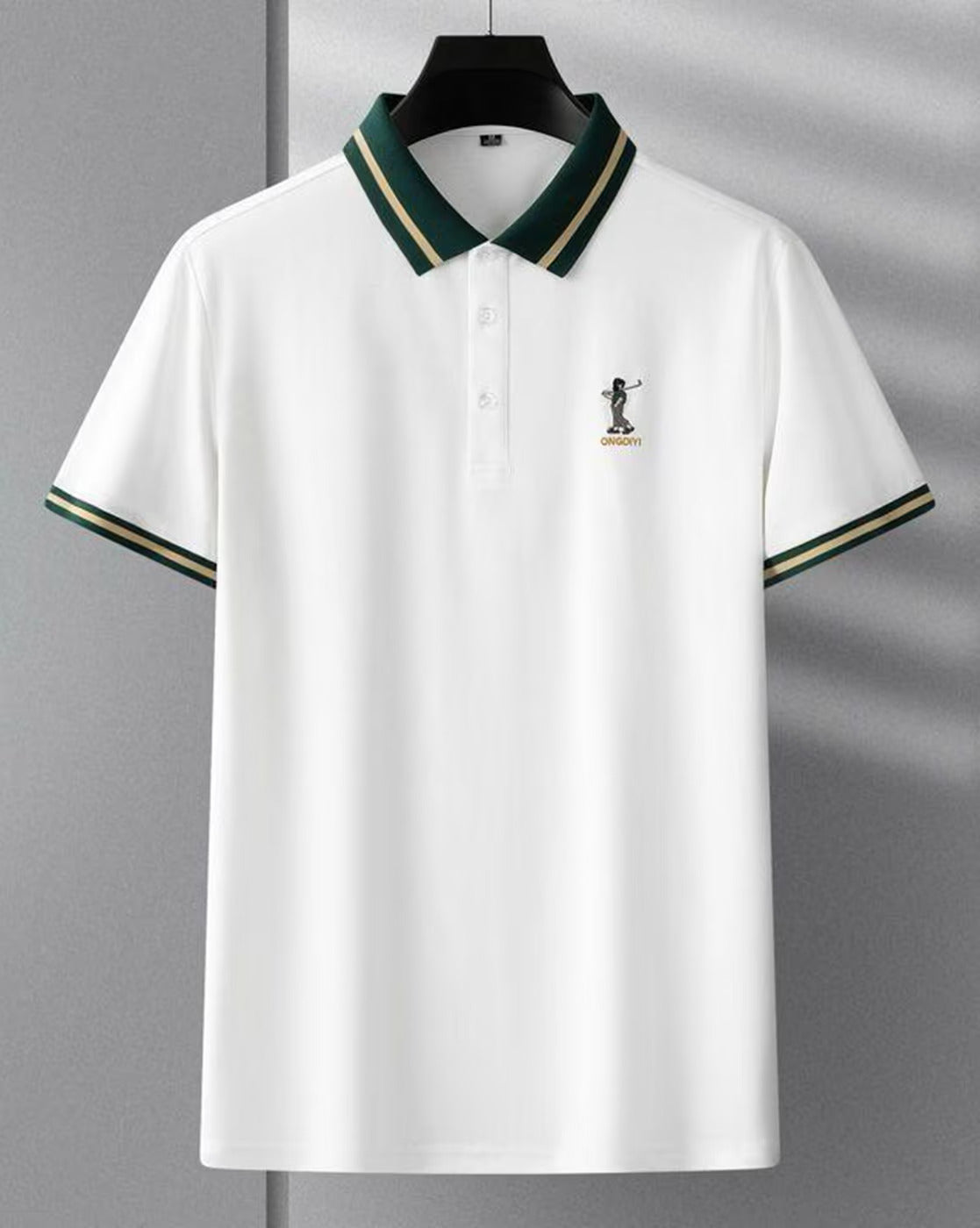 Men’s White Polo T-Shirt with Green Striped Collar