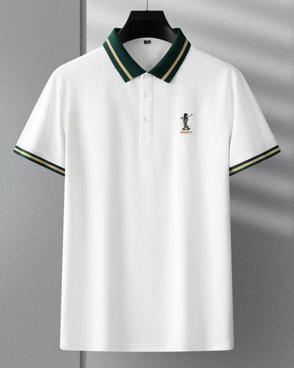 Men’s White Polo T-Shirt with Green Striped Collar