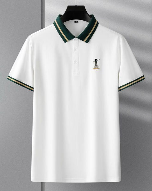 Men’s White Polo T-Shirt with Green Striped Collar