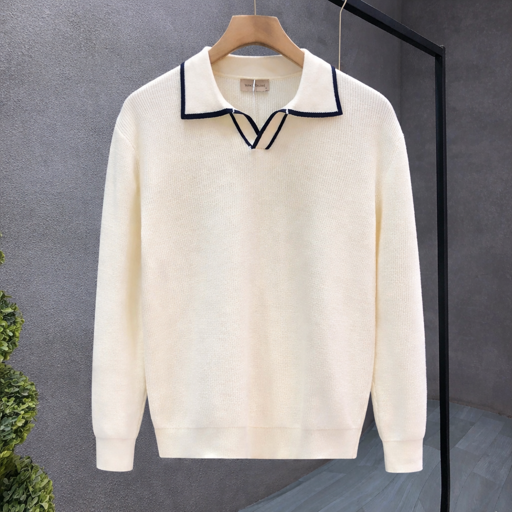 Men’s White Polo Collar Knit T-shirt with Black Trim