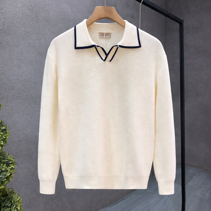 Men’s White Polo Collar Knit T-shirt with Black Trim