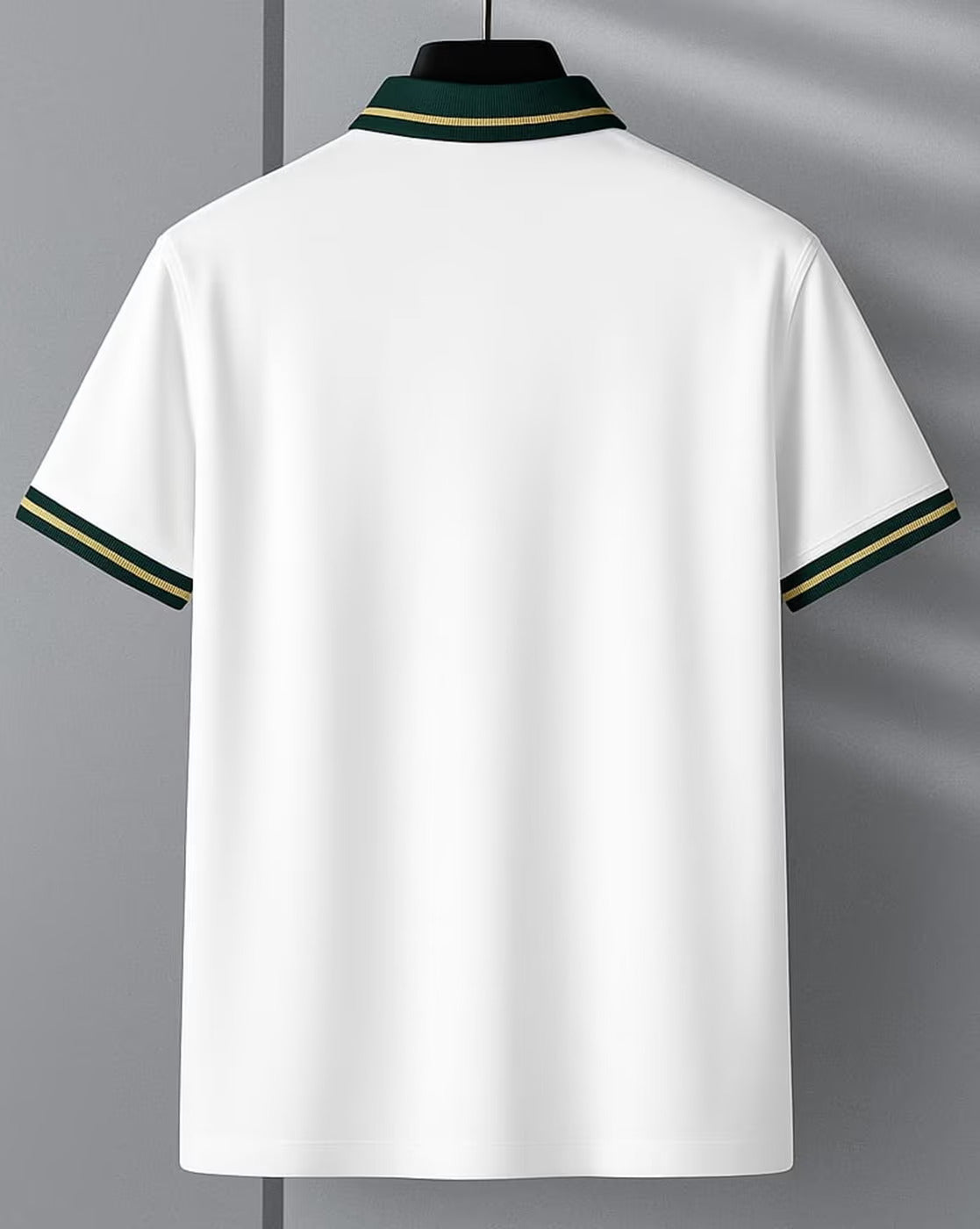 Men’s White Polo T-Shirt with Green Striped Collar