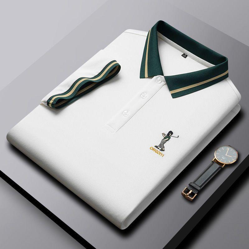 Men’s White Polo T-Shirt with Green Striped Collar